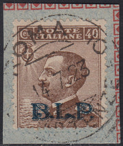 VEIII26 - 1922/23 - Michetti c. 40 bruno soprastampa BLP azzurra del II tipo litografico usato su frammento di busta (9).