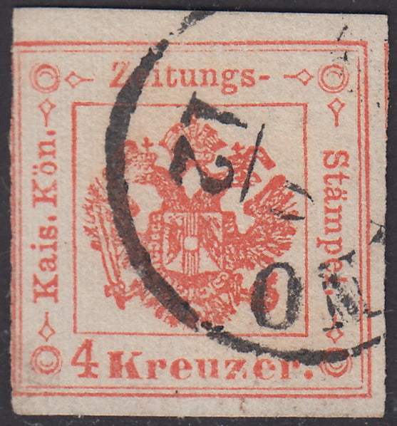 LV147 - 1858 - Stemma Austro-Ungarico, 4 kr. Rosso smorto usato nel dicembre 1858 e quindi in periodo di validità della tariffa da 4 kr., rarità del settore (4).