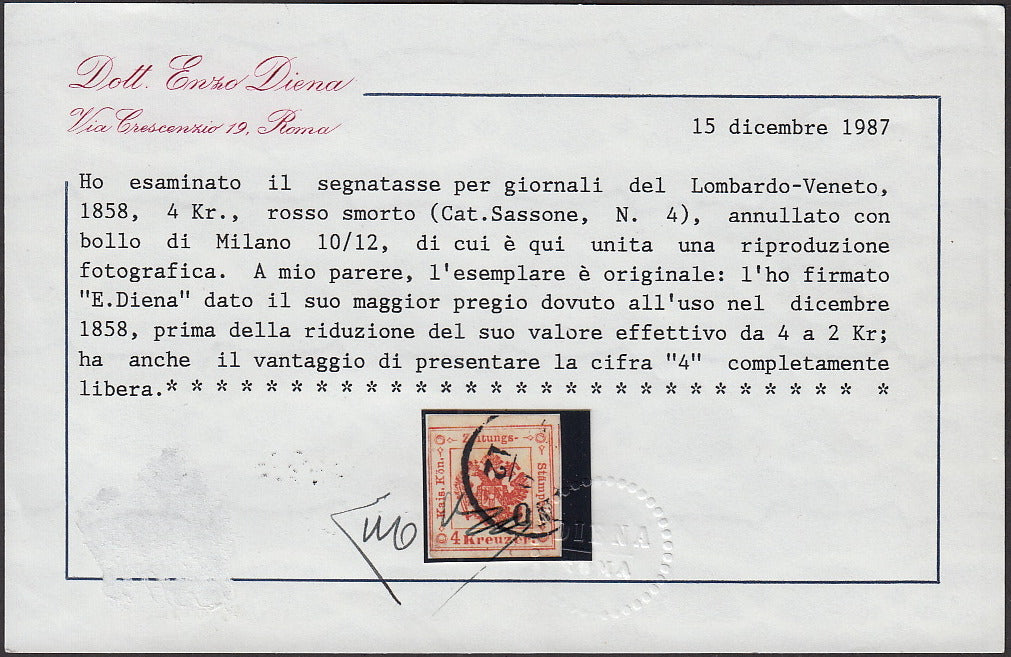 LV147 - 1858 - Stemma Austro-Ungarico, 4 kr. Rosso smorto usato nel dicembre 1858 e quindi in periodo di validità della tariffa da 4 kr., rarità del settore (4).