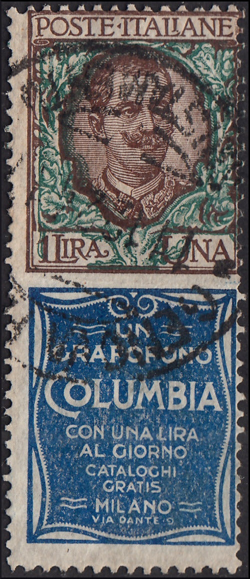 VEII9 - 1924/25 - Floreale L. 1 verde e oltremare con appendice pubblicitaria "Columbia" usato con annullo originale (19).