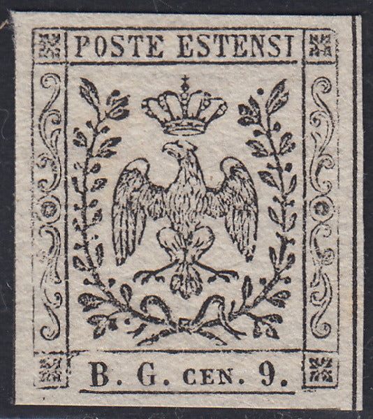 MOD109 - 1853 - Aquila estense, prova del francobollo per giornali B.G.cen.9 formato piccolo su carta  bianca vergata, esemplare singolo posizione 148 del foglio (P34).