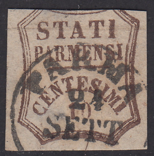 1859 - STATES OF PARME and value in an octagon with curved lines, c. 10 new brown with intact rubber (14).