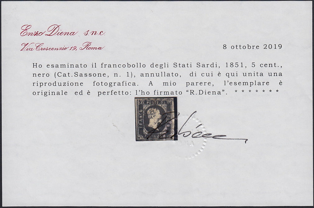 1851 - Effigy of Vittorio Emanuele II facing right, 1st issue c. 20 light blue used late 8/20/57 (2, R2 points)