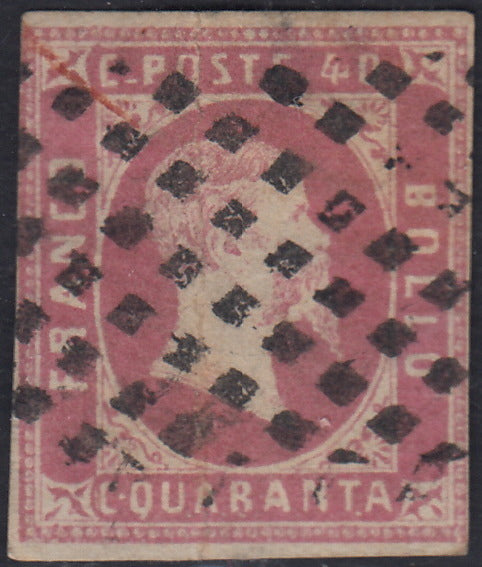 RL52 - 1851 - Effigie di Vittorio Emanuele II, c. 40 rosa lilla usato, piega verticale. (3d).