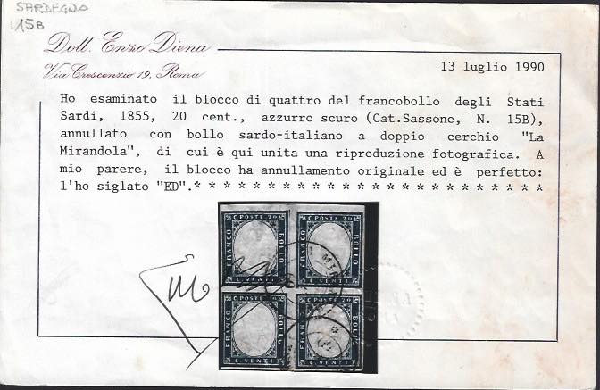 1851 - Effigy of Vittorio Emanuele II facing right, 1st issue c. 20 light blue used late 8/20/57 (2, R2 points)