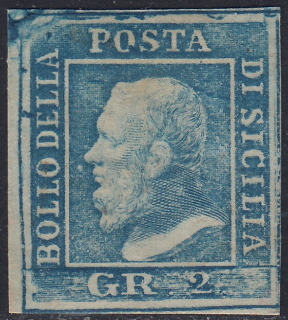 SIC174 - 1859 - Effigie di Federico II di Borbone, 2 grana azzurro chiaro I tavola carta di Napoli nuovo con gomma originale, esemplare con grandi margini (6).