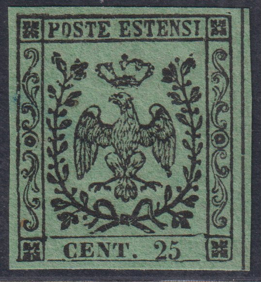 E7_22 - 1852 - Aquila estense, emissione senza punto dopo la cifra, c. 25 verde errore di colore nuovo con gomma originale, di grande rarità e bellezza (4A).