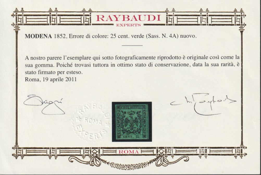 E7_22 - 1852 - Aquila estense, emissione senza punto dopo la cifra, c. 25 verde errore di colore nuovo con gomma originale, di grande rarità e bellezza (4A).