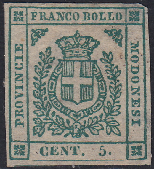 RL70 - 1859 - Scudo di Savoia sormontato da corona Reale, c. 5 verde scuro nuovo senza gomma (12b).