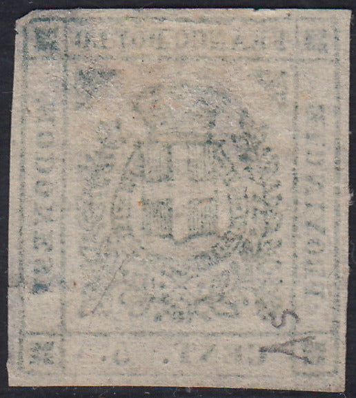 RL70 - 1859 - Scudo di Savoia sormontato da corona Reale, c. 5 verde scuro nuovo senza gomma (12b).