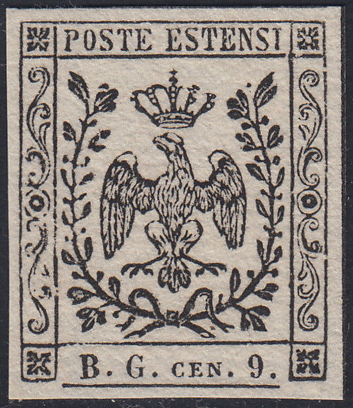 MOD97 - 1853 - Aquila estense, prova del francobollo per giornali B.G.cen.9 formato piccolo su carta  bianca vergata, esemplare singolo posizione 148 del foglio (P34).