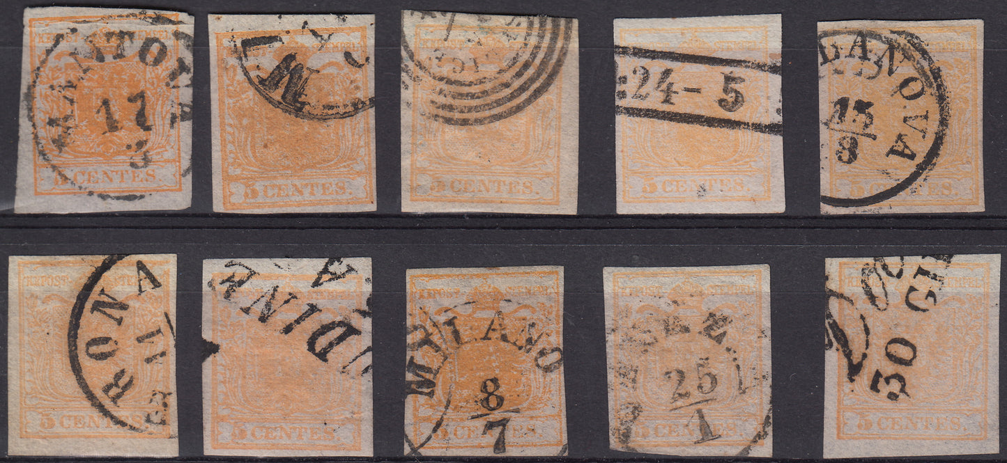 E9_2 - 1850 - Lombardo Veneto, c. 5 giallo ocra e varianti, otto esemplari usati con differenti annullamenti (1)