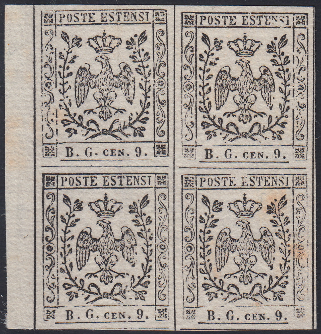 MOD83 - 1853 - Aquila estense, prova del francobollo per giornali B.G.cen.9 formato piccolo su carta  bianca vergata, blocco di 4 esemplari pos. 125/6, 135/6 (P34).