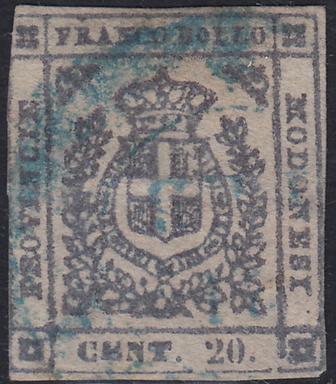 RL74 - 1859 - Scudo di Savoia sormontato da corona Reale, c. 20 lilla grigio chiaro usato (16).