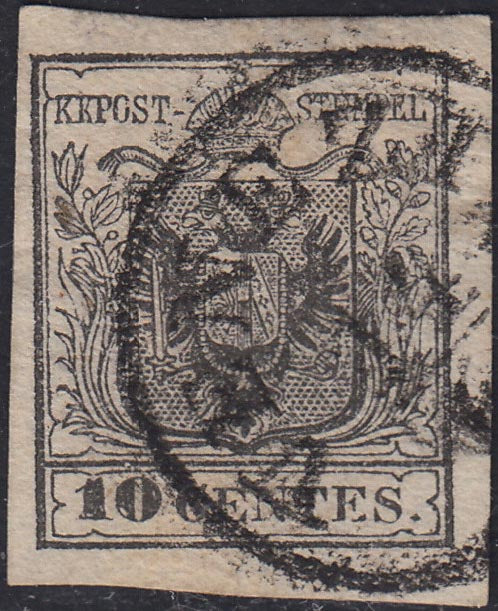 LV239 - 1850 - Lombardo Veneto, c. 10 grigio nero carta a mano usato con il C1 di Venezia (2c)