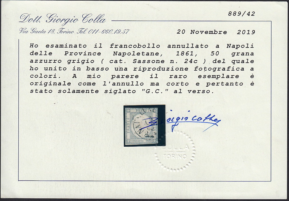 1861 - 1 black grain, copy with triple effigy, new with original rubber (19 AD). Cardillo certificate.