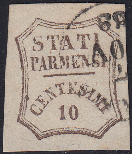 E9_52 - 1859 - STATI PARMENSI in un ottagono a linee curve, c. 10 bruno di qualità eccezionale usato (14).