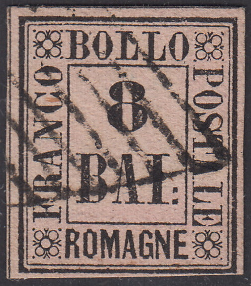 ROM43 - 1859 - Cifra in un rettangolo, b. 8 rosa usato con annullo originale (8).