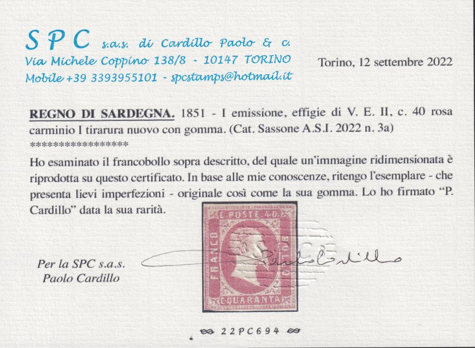 E9_61 - 1851 - Effigie di Vittorio Emanuele II volta a destra, c. 40 rosa carminio vivo I tiratura nuovo con gomma (3a).