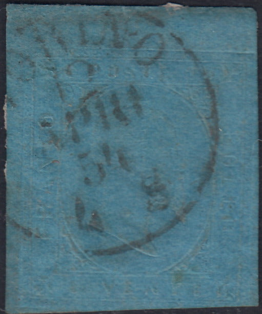 1851 - Effigy of Vittorio Emanuele II facing right, 1st issue c. 20 light blue used late 8/20/57 (2, R2 points)