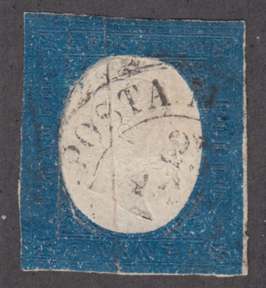 1851 - Effigy of Vittorio Emanuele II facing right, 1st issue c. 20 light blue used late 8/20/57 (2, R2 points)