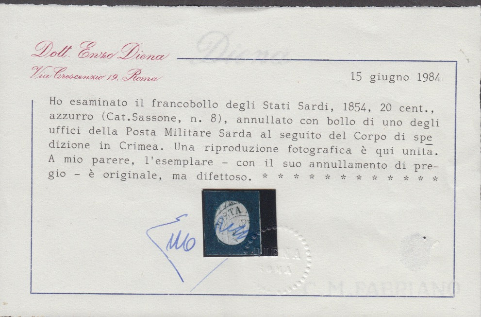 1851 - Effigy of Vittorio Emanuele II facing right, 1st issue c. 20 light blue used late 8/20/57 (2, R2 points)