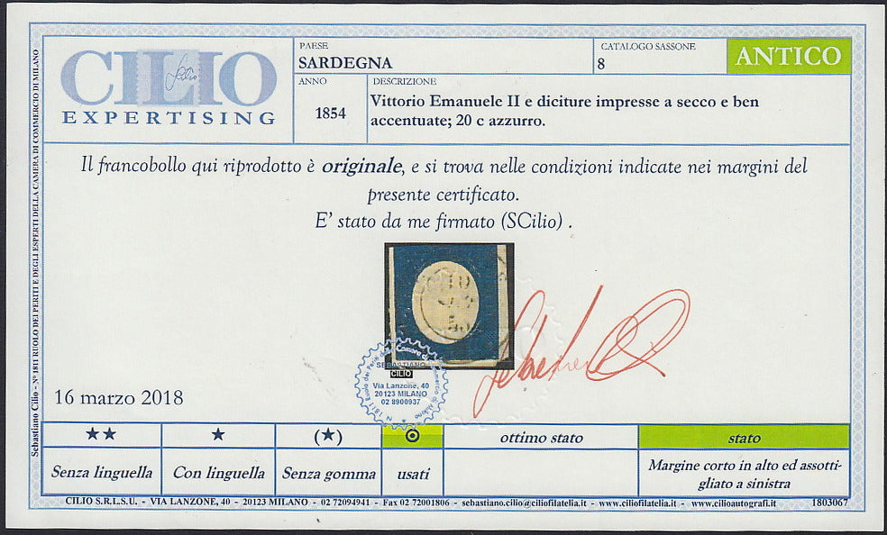 1851 - Effigy of Vittorio Emanuele II facing right, 1st issue c. 20 light blue used late 8/20/57 (2, R2 points)