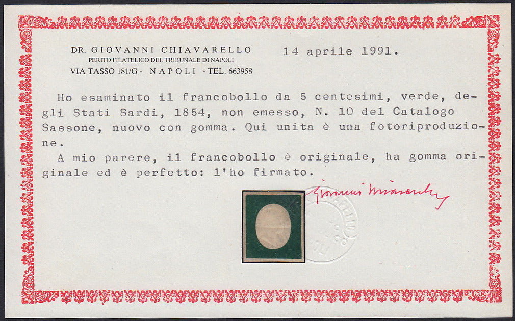 RL59 - 1854 - Effigie di Vittorio Emanuele II, non emessi c. 5 verde oliva scuro nuovo con gomma (10).
