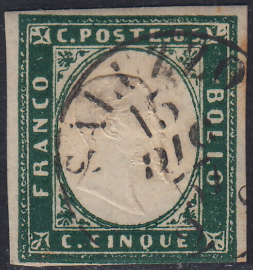 1851 - Effigy of Vittorio Emanuele II facing right, 1st issue c. 20 light blue used late 8/20/57 (2, R2 points)