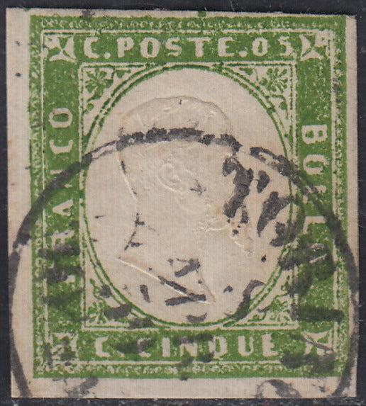 SARD642 - 1859 - Effigie di Vittorio Emanuele II, c. 5 verde giallo III composizione stampa difettosa usato. (13Be).