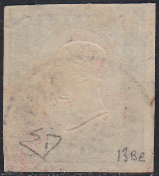 SARD642 - 1859 - Effigie di Vittorio Emanuele II, c. 5 verde giallo III composizione stampa difettosa usato. (13Be).