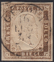 1851 - Effigy of Vittorio Emanuele II facing right, 1st issue c. 20 light blue used late 8/20/57 (2, R2 points)