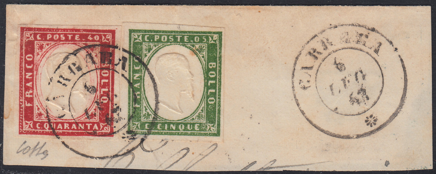 Sard738 - 1863 - Frammento affrancato con c. 5 verde chiaro II tavola + c. 40 rosa carminio lillaceo usati a Carrara 6/7/63 (13Ea + 16Eb).