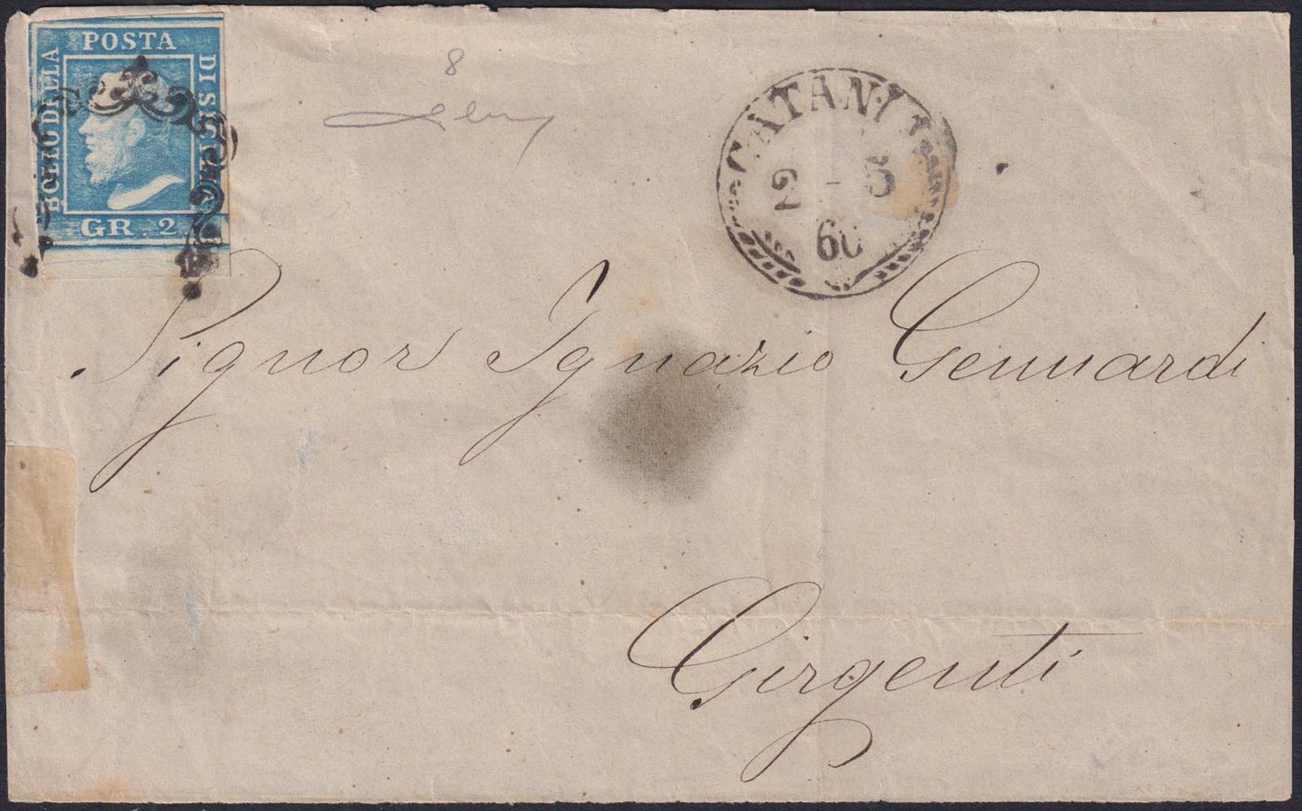 EB26 - Frontespizio di lettera spedito da Catania per Girgenti 2/5/60 affrancato con 2 gr. azzurro chiaro III tavola (8)