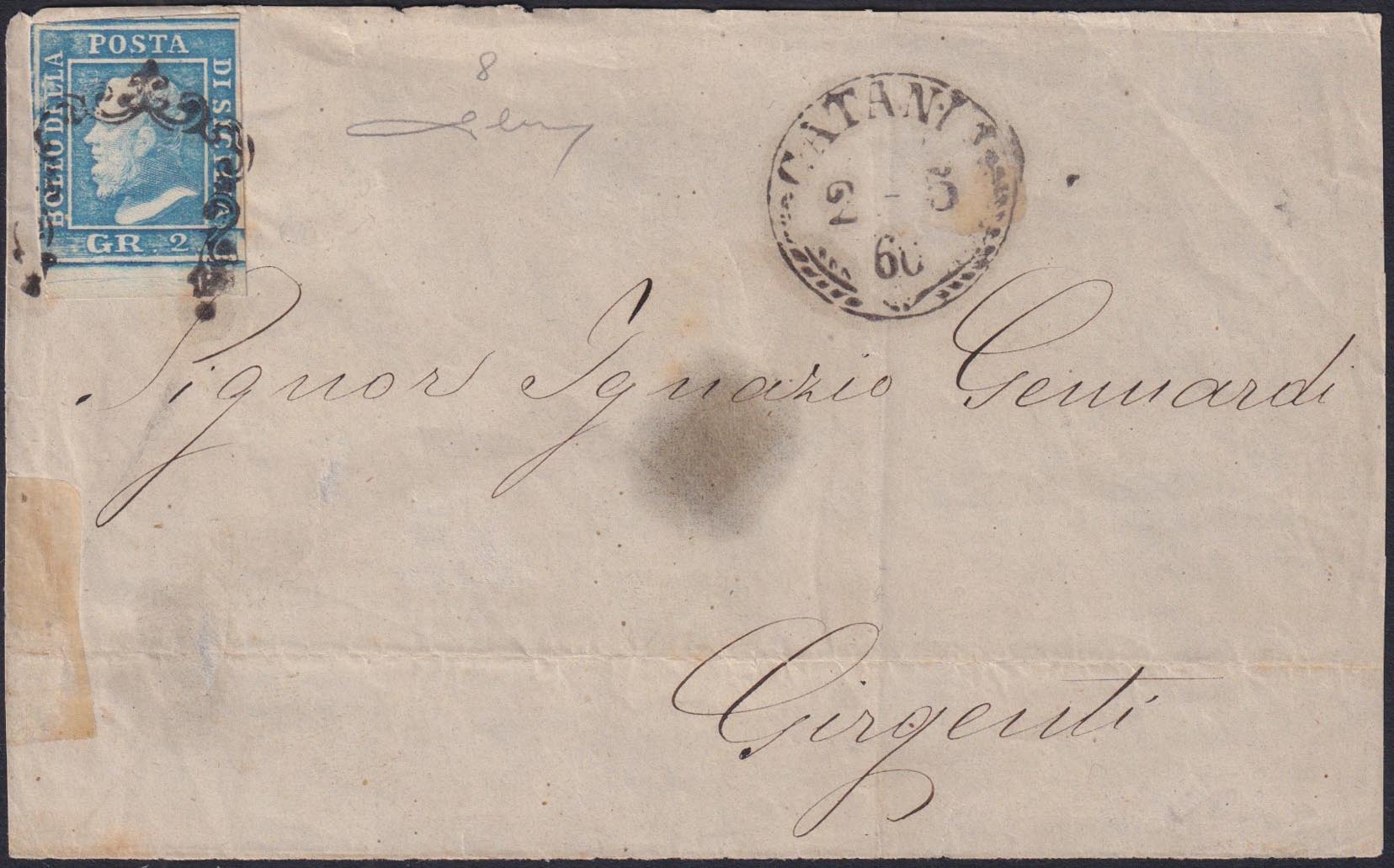 EB26 - Frontespizio di lettera spedito da Catania per Girgenti 2/5/60 affrancato con 2 gr. azzurro chiaro III tavola (8)