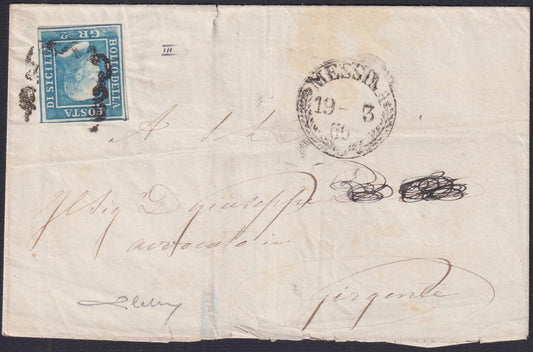 EB37 - Lettera da Messina a Girgenti 19/3/60 affrancata con 2 gr. azzurro III tavola carta di Palermo (8)
