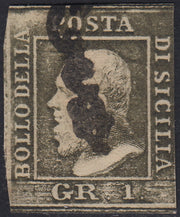 EB46 - 1859 - Effigie di Federico II di Borbone, 1 grano verde oliva grigiastro II tavola carta di Palermo (4)