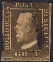 EB47 - 1859 - Effigie di Federico II di Borbone, 1 grano bruno oliva scuro II tavola carta di Napoli (4a)