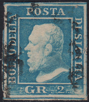 EB50 - 1859 - Effigie di Federico II di Borbone, 2 grana azzurro chiaro I tavola carta di Palermo usato (6g)