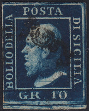 1859 - 10 grain indigo black paper from Naples new with original gum (12a) 