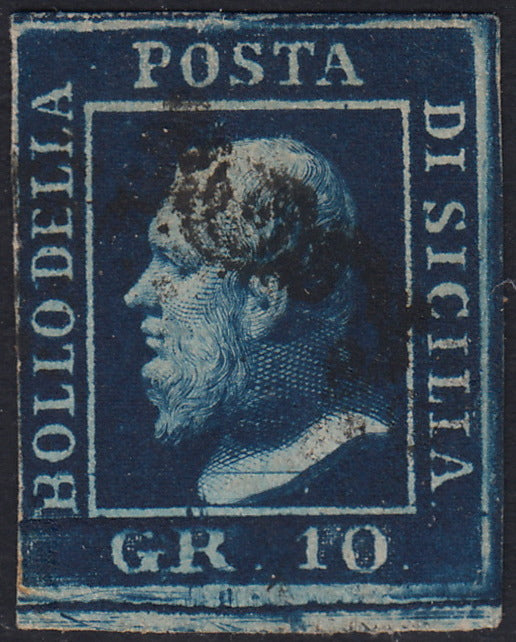 1859 - 10 grain indigo black paper from Naples new with original gum (12a) 