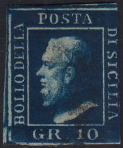 1859 - 10 grain indigo black paper from Naples new with original gum (12a) 