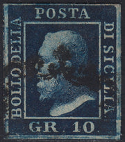 EB61 - 1859 - Effigie di Federico II di Borbone, 10 grana azzurro cupo carta di Napoli usato (12)