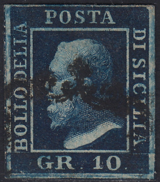 EB61 - 1859 - Effigie di Federico II di Borbone, 10 grana azzurro cupo carta di Napoli usato (12)