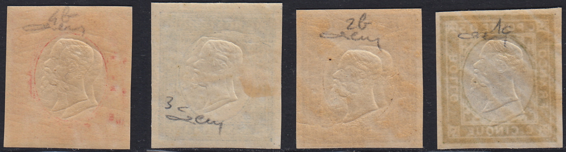 EB68 - 1861 - Non emessi, serietta di 4 esemplari nuovi con gomma originale, tutti con doppia effigie (1c, 2b, 3c, 4b)