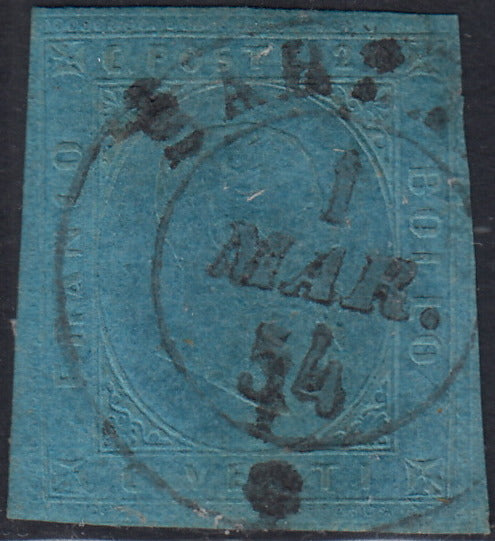 EB79 - 1853 - II emissione c. 20 azzurro usato Sarzana 1/3/54 (5)