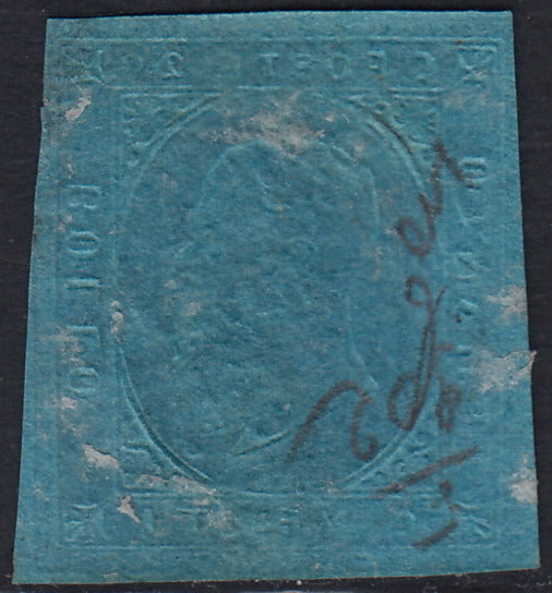 EB79 - 1853 - II emissione c. 20 azzurro usato Sarzana 1/3/54 (5)