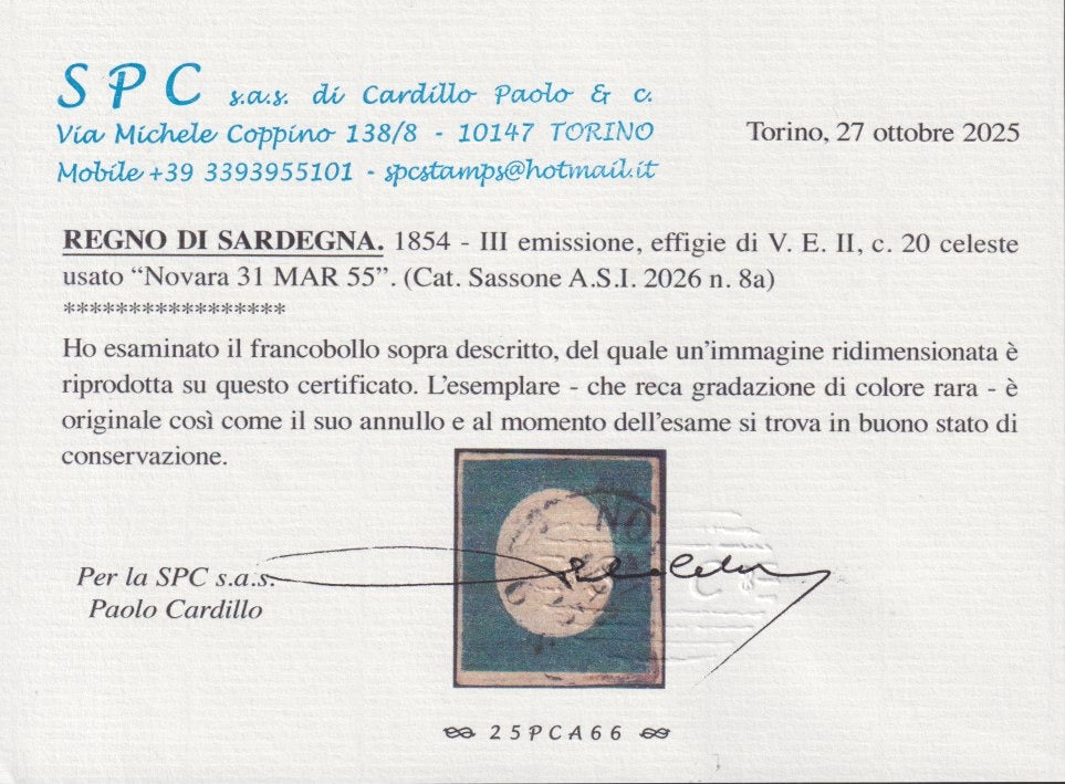 EB73 - 1854 - III emissione, c. 20 celeste usato con il c.s. di NOVARA 31/3/55 (8a)