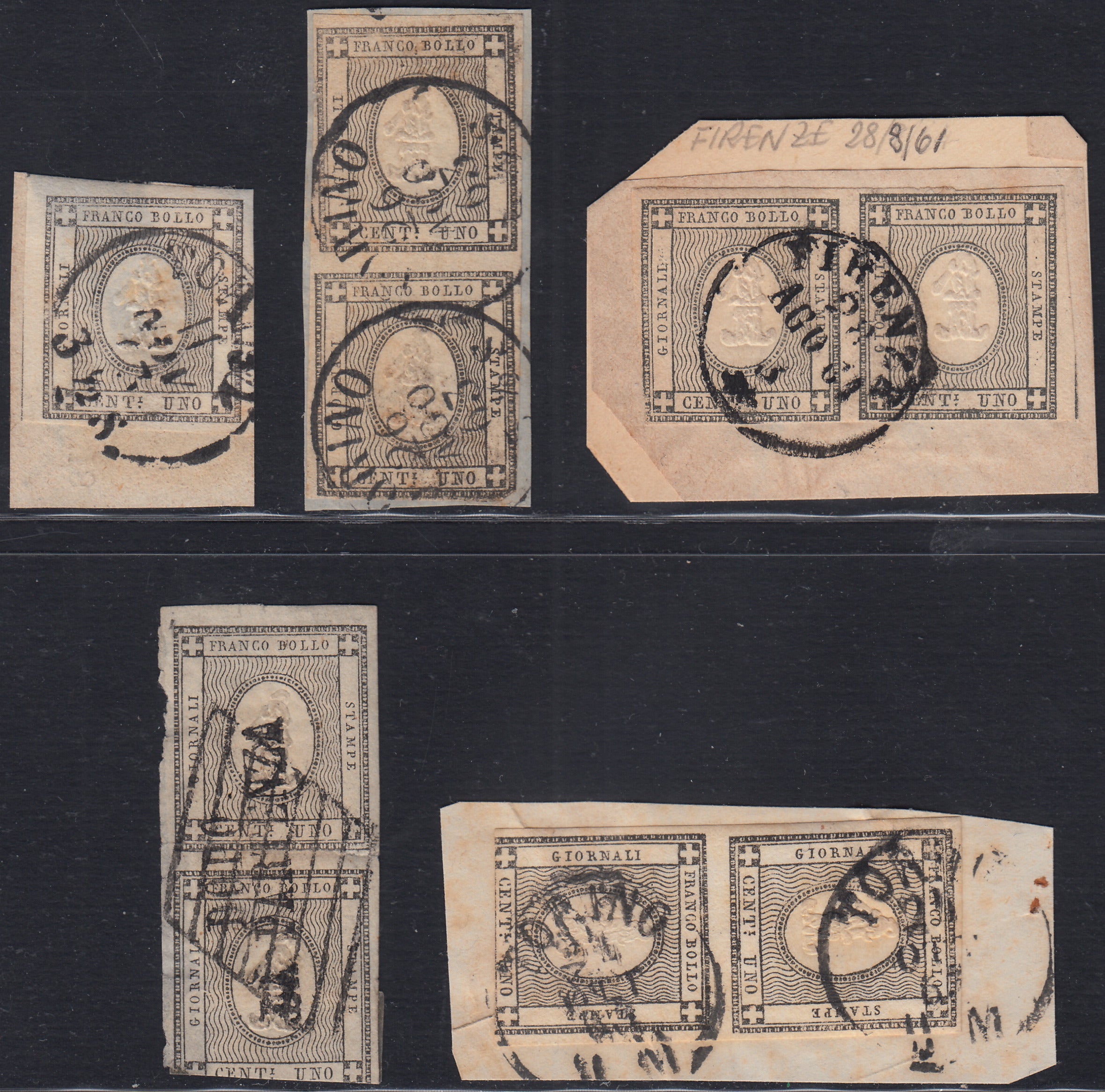 EB78 - 1861 - Cifra a rilievo, c. 1 grigio nero insieme di esemplari usati e su frammento (19, 19a)