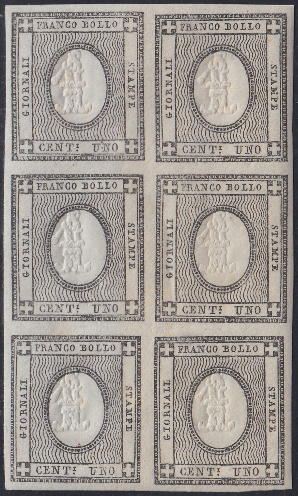 EB79 - 1861 - Cifra a rilievo, c. 1 grigio nero blocco di sei esemplari nuovi con gomma, la quartina inferiore integra (19)